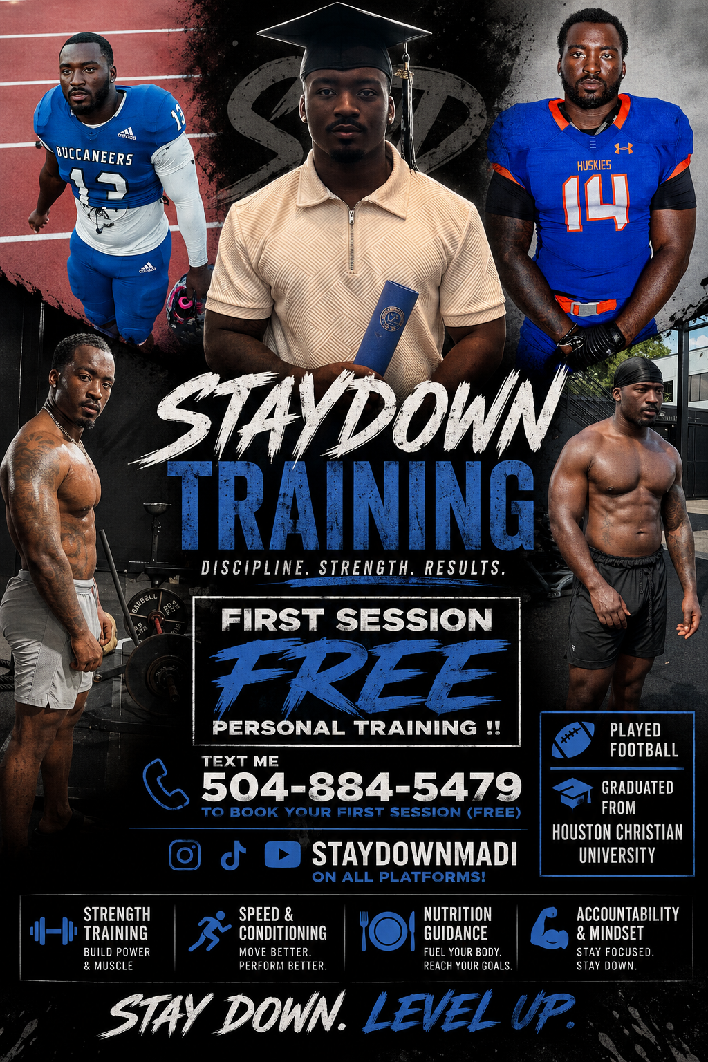 StayDown Training flyer featuring Coach Amadi and the first session free offer